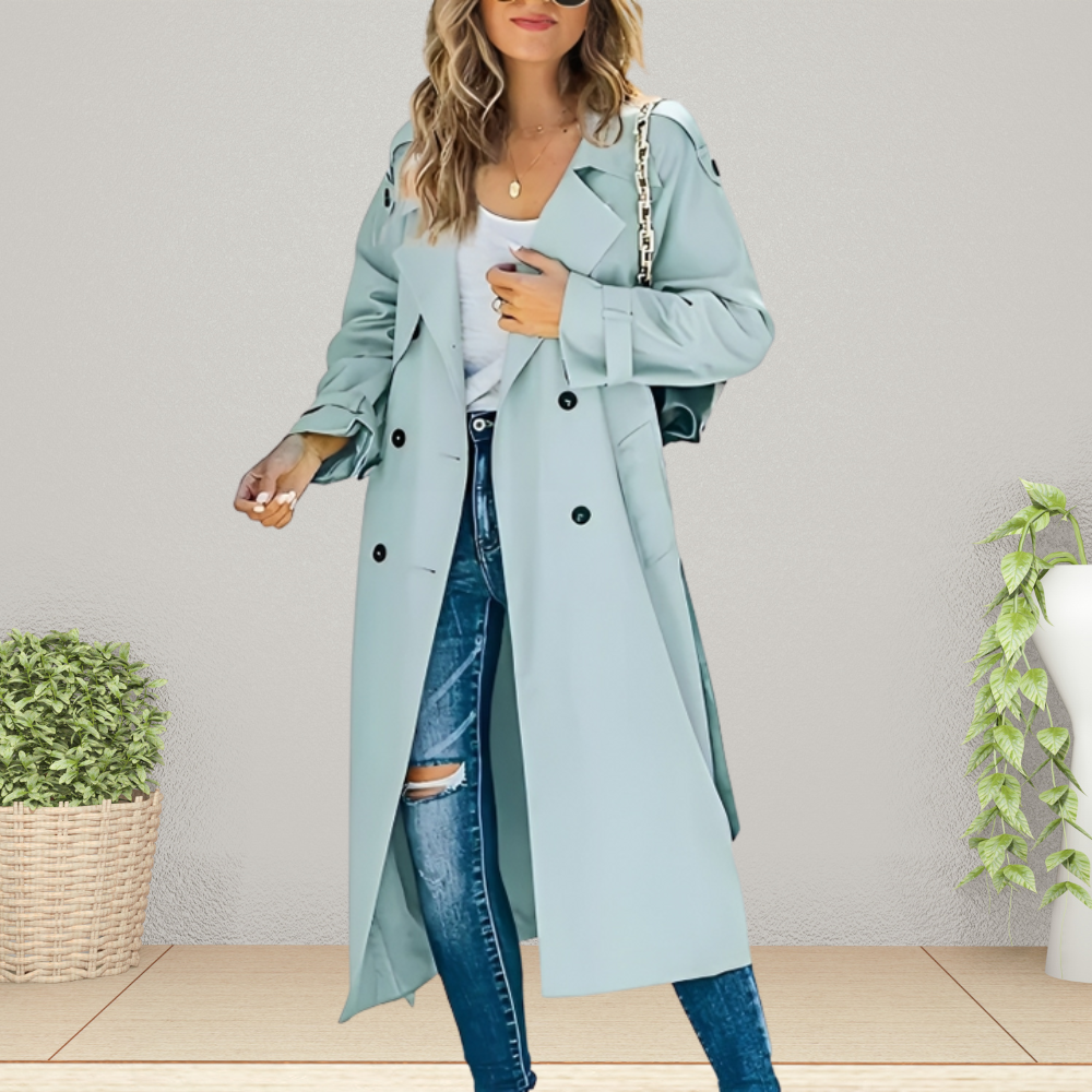 Women's Double-Breasted Trench Coat with Notched Collar