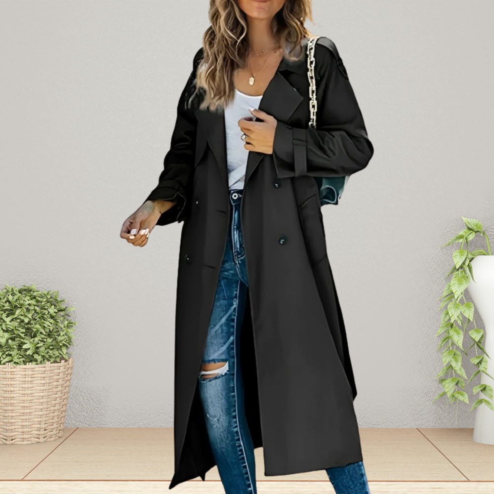 Women's Double-Breasted Trench Coat with Notched Collar