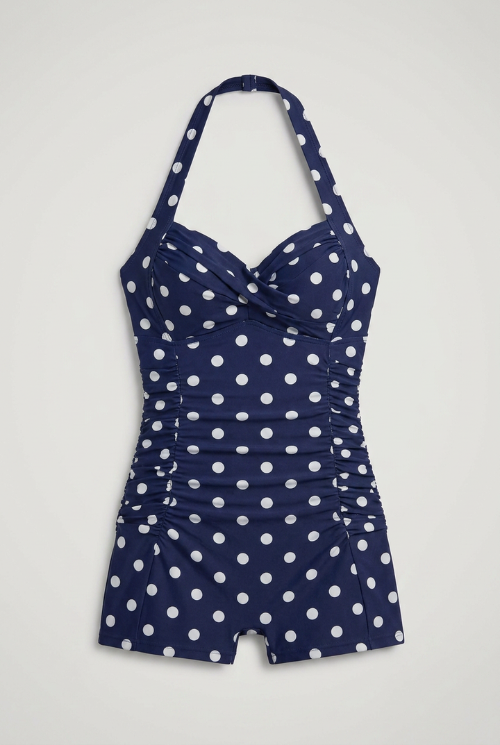 Elena | Women’s Polka Dot Halter Swim Romper with Shorts
