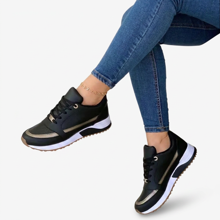 Maddie | Women's Black Lace-Up Comfort Sneakers with Metallic Accents