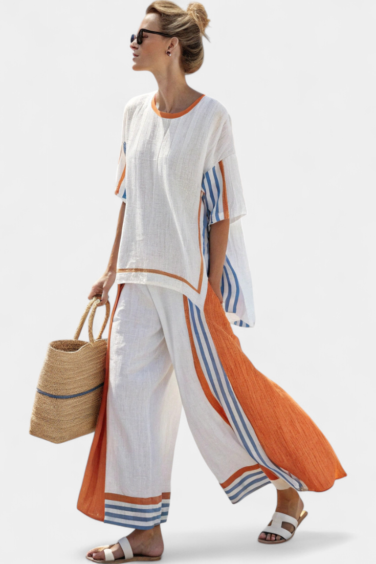Thorneil | Comfortable Wide-Leg Striped Trousers & Linen Top