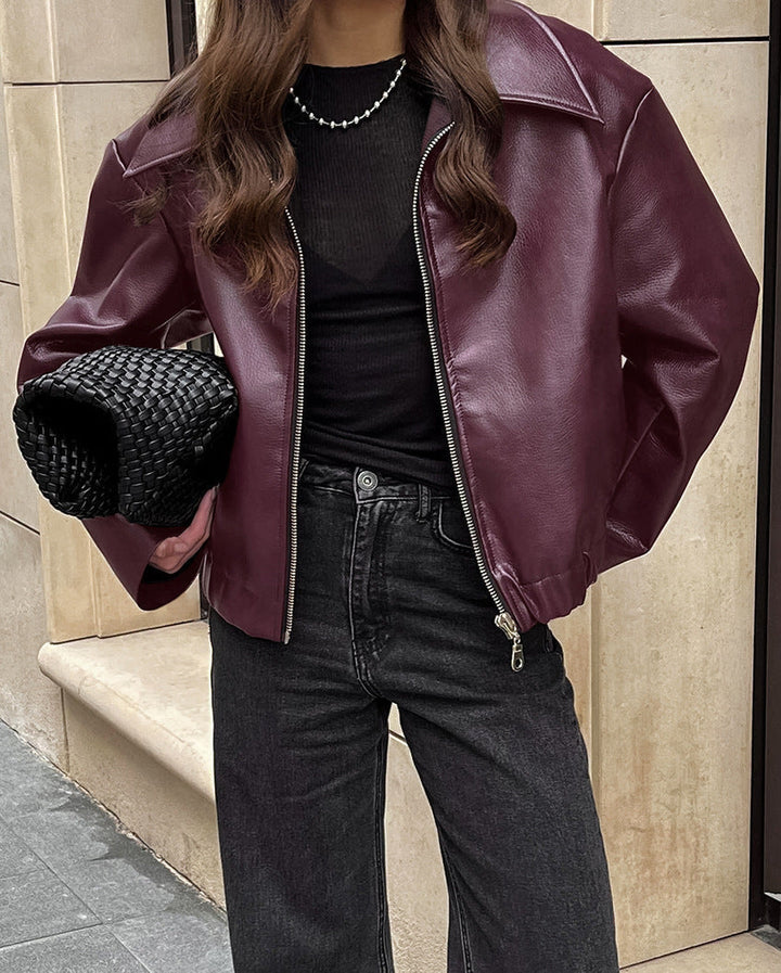 Women's Cropped Matte Biker Jacket with Front Zip
