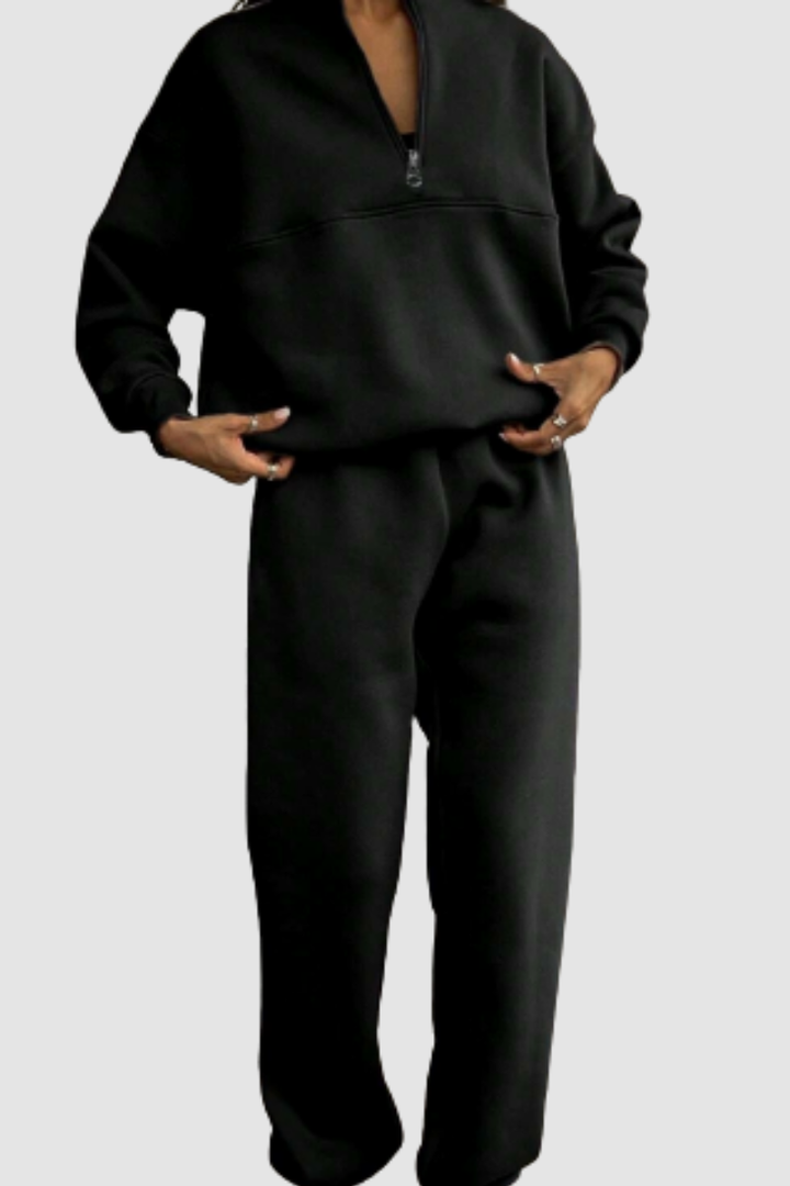 Women's Jumper and Trousers Set with Zip-Up Collar and Relaxed Fit