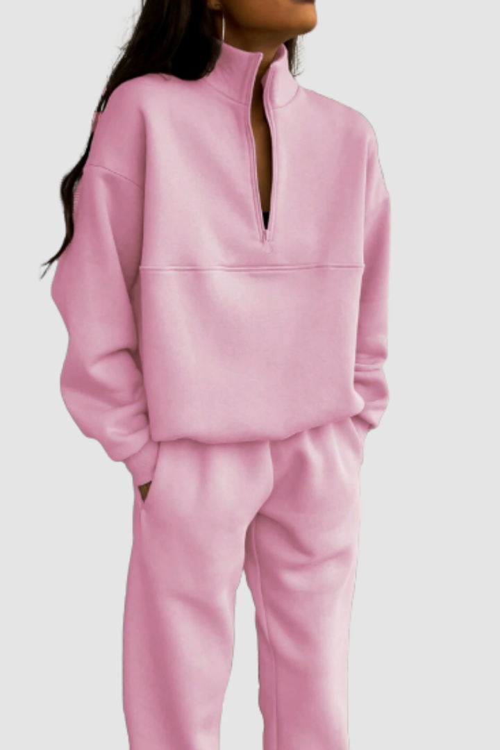 Women's Jumper and Trousers Set with Zip-Up Collar and Relaxed Fit