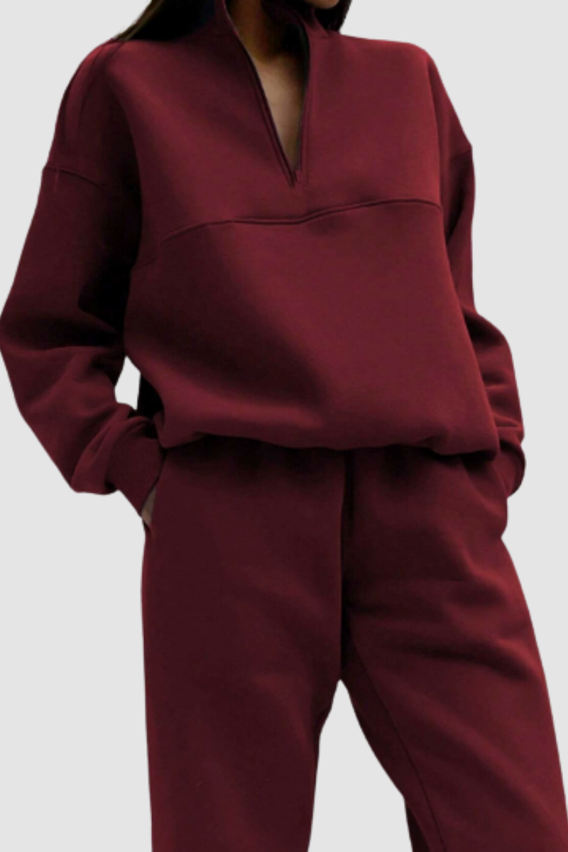 Women's Jumper and Trousers Set with Zip-Up Collar and Relaxed Fit