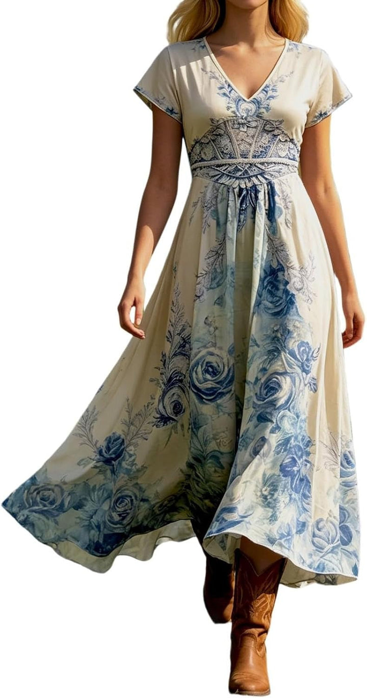 Sophia | Women's V-Neck Short Sleeve Floral Maxi Dress