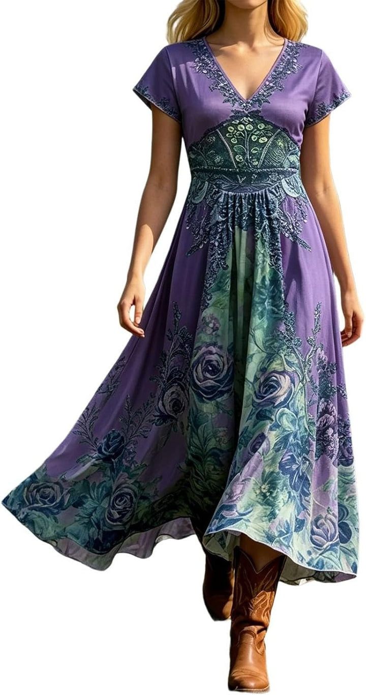 Sophia | Women's V-Neck Short Sleeve Floral Maxi Dress