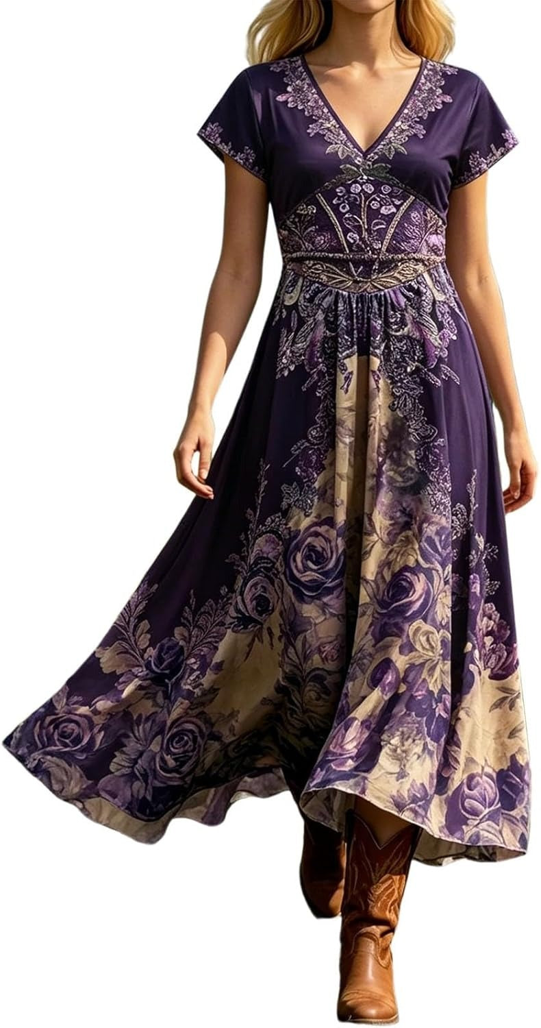 Sophia | Women's V-Neck Short Sleeve Floral Maxi Dress
