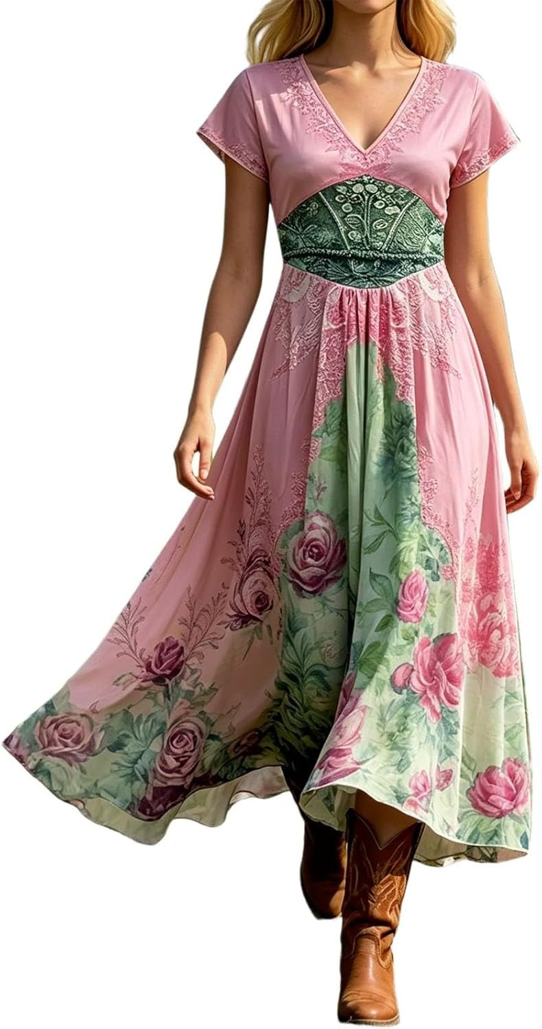 Sophia | Women's V-Neck Short Sleeve Floral Maxi Dress