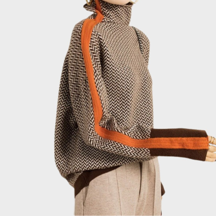 Women's Herringbone Turtleneck Jumper with Stripe Sleeves