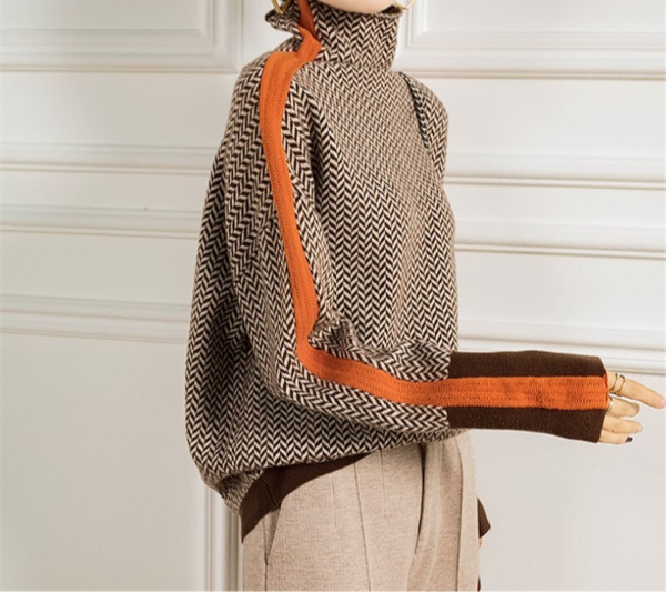 Women's Herringbone Turtleneck Jumper with Stripe Sleeves