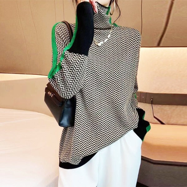 Women's Herringbone Turtleneck Jumper with Stripe Sleeves