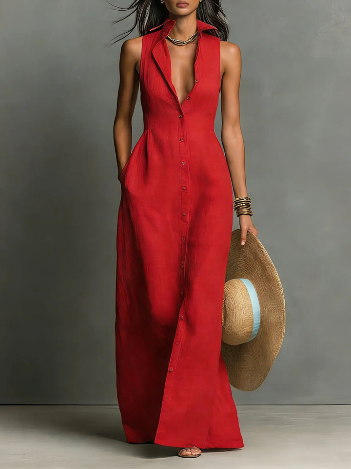 Penelope | Women's Sleeveless Collared Linen Button-Front Maxi Dress