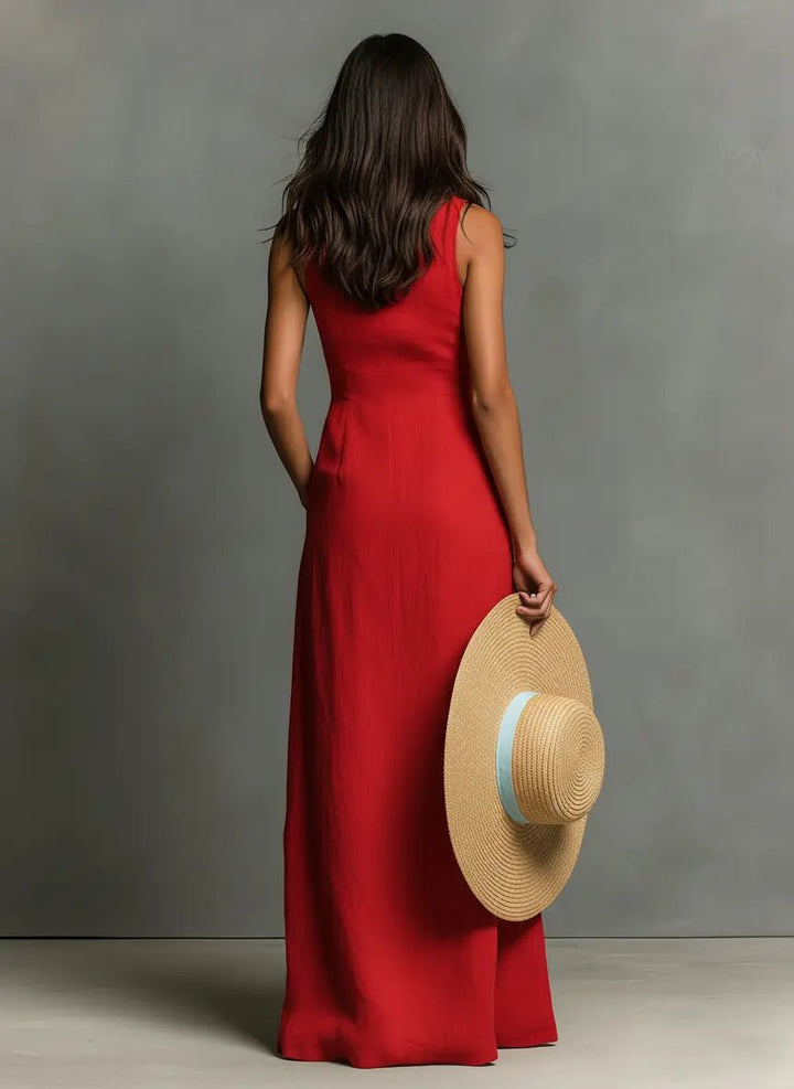 Penelope | Women's Sleeveless Collared Linen Button-Front Maxi Dress