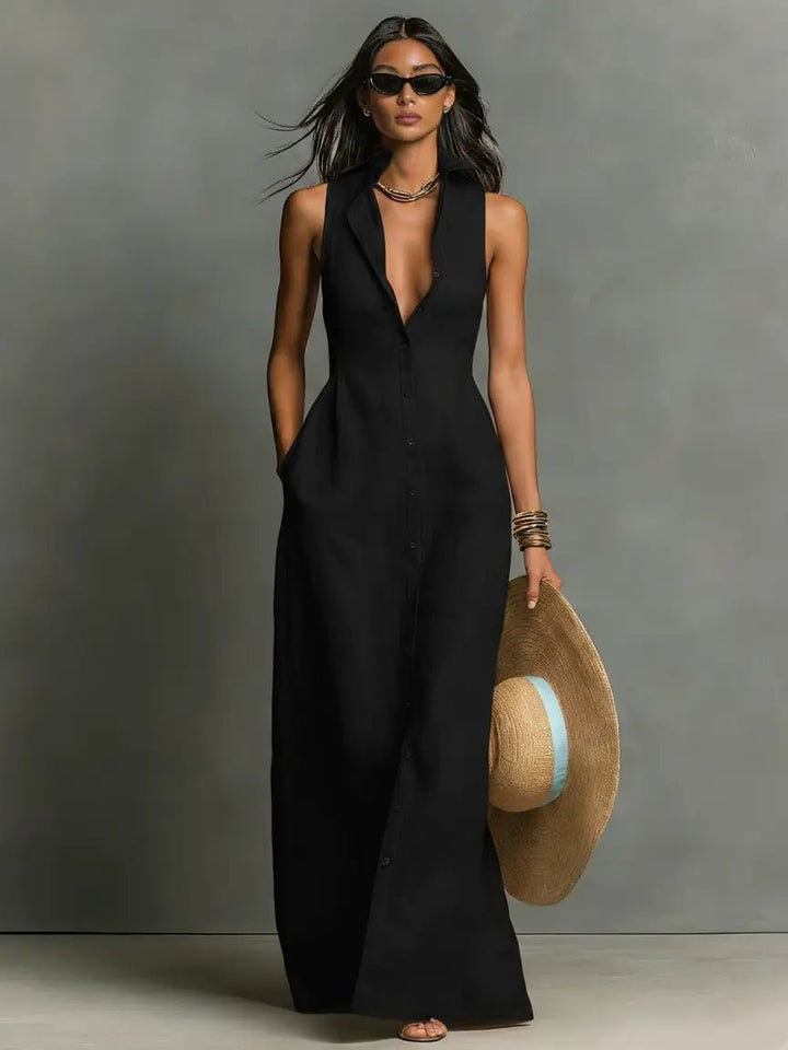 Penelope | Women's Sleeveless Collared Linen Button-Front Maxi Dress